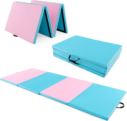 4'X10'X 2" Gymnastics Mat, 4-Panel Folding Aerobics Exercise Mat W/Hook & Loop Fastener, Carrying Handle, Portable Tumbling Mat for Stretching Yoga Cheerleading Martial Arts
