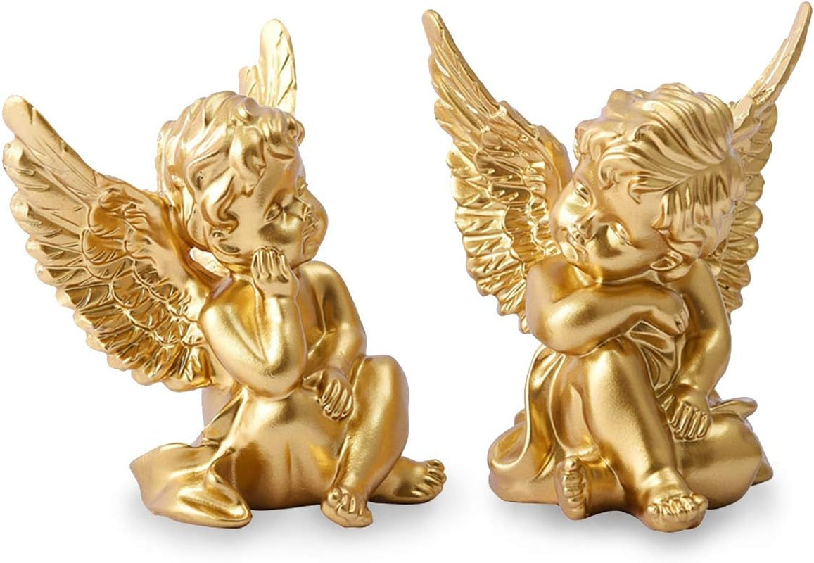 Set of 2 Cherubs Angels Resin Statue Figurine, Indoor Home Decoration, Adorable Angel Sculpture Memorial Statue 4" - White
