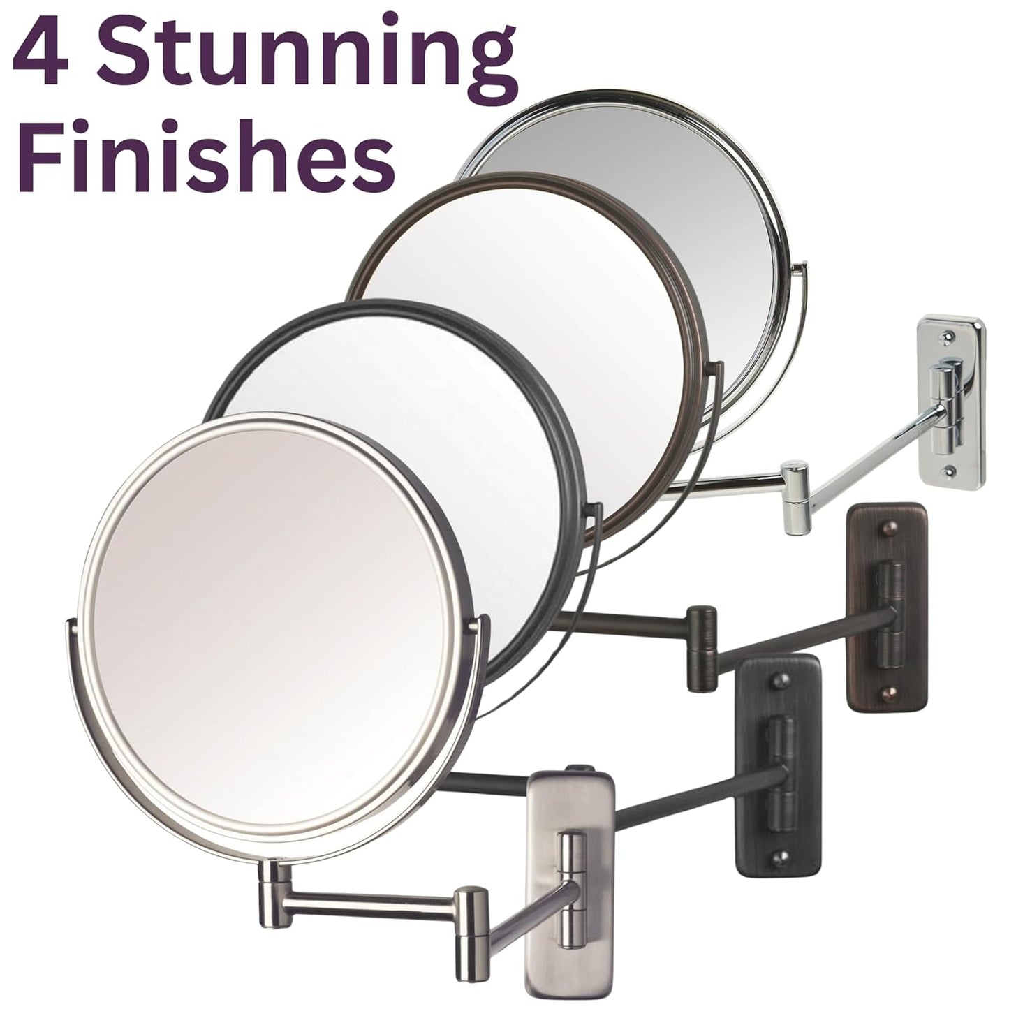 Two-Sided Wall-Mounted Makeup Mirror - Makeup Mirror with 5X Magnification & Wall-Mount Arm - 8-Inch Diameter Mirror with Chrome Finish Wall Mount - Model JP7506CF