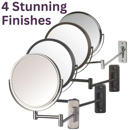Two-Sided Wall-Mounted Makeup Mirror - Makeup Mirror with 5X Magnification & Wall-Mount Arm - 8-Inch Diameter Mirror with Chrome Finish Wall Mount - Model JP7506CF