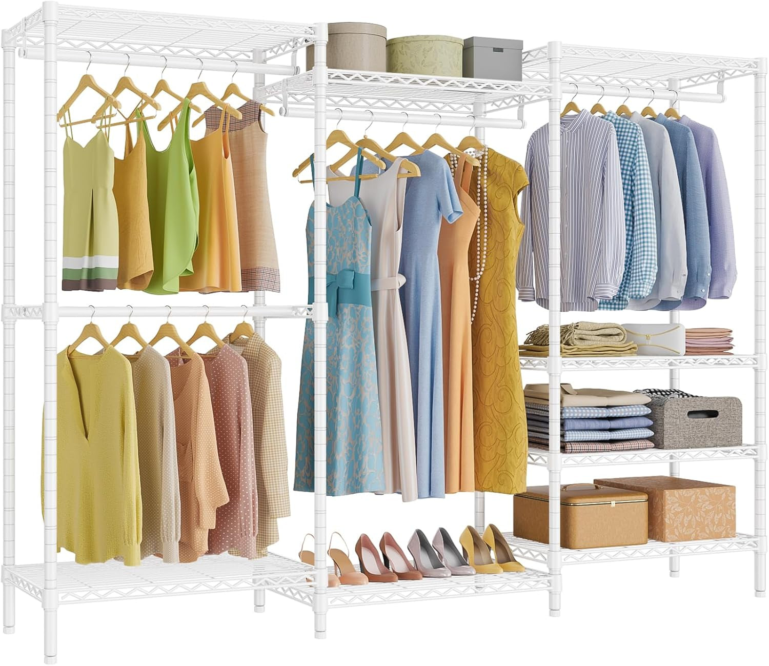 V5 Portable Closet Wardrobe Heavy Duty Clothes Rack, Freestanding Clothing Racks with 4 Hang Rods & 8 Shelves, Adjustable Custom Closet Racks, 68.9" L X 15.7" W X 76.4" H, Max Load 800LBS, White