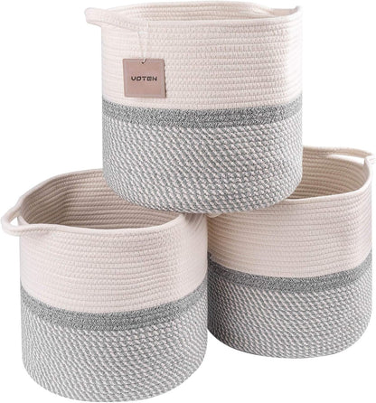Woven Cotton Rope round 11X11X11'' Storage Cubes Baskets Bins Organizer, 3-Tone Gray, 3-Pack