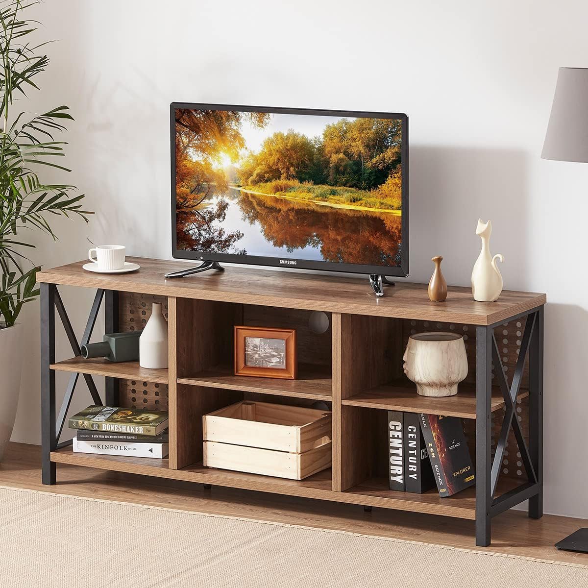 Rustic Entertainment Center for 65 Inch TV, Industrial Wood TV Stand with Media Cabinet Storage, Farmhouse Metal Television Stands Console Table for Home Living Bedroom, Light Grey Oak, 55 Inch