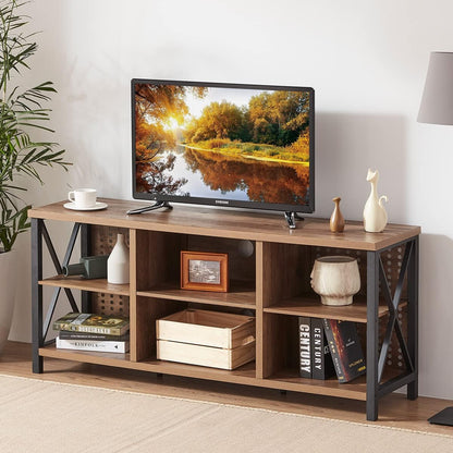 Rustic Entertainment Center for 65 Inch TV, Industrial Wood TV Stand with Media Cabinet Storage, Farmhouse Metal Television Stands Console Table for Home Living Bedroom, Light Grey Oak, 55 Inch