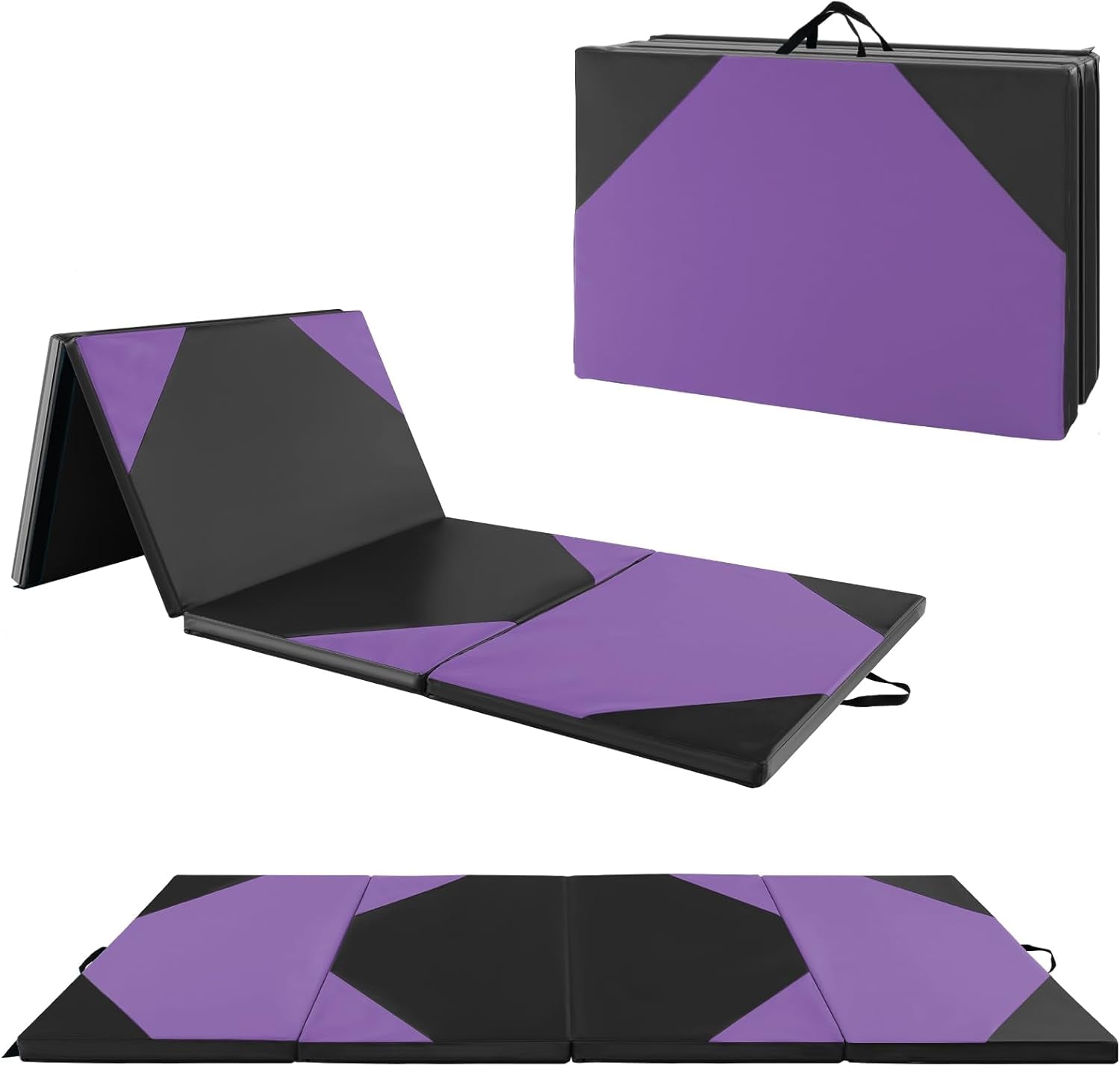 4'X10'X 2" Gymnastics Mat, 4-Panel Folding Aerobics Exercise Mat W/Hook & Loop Fastener, Carrying Handle, Portable Tumbling Mat for Stretching Yoga Cheerleading Martial Arts