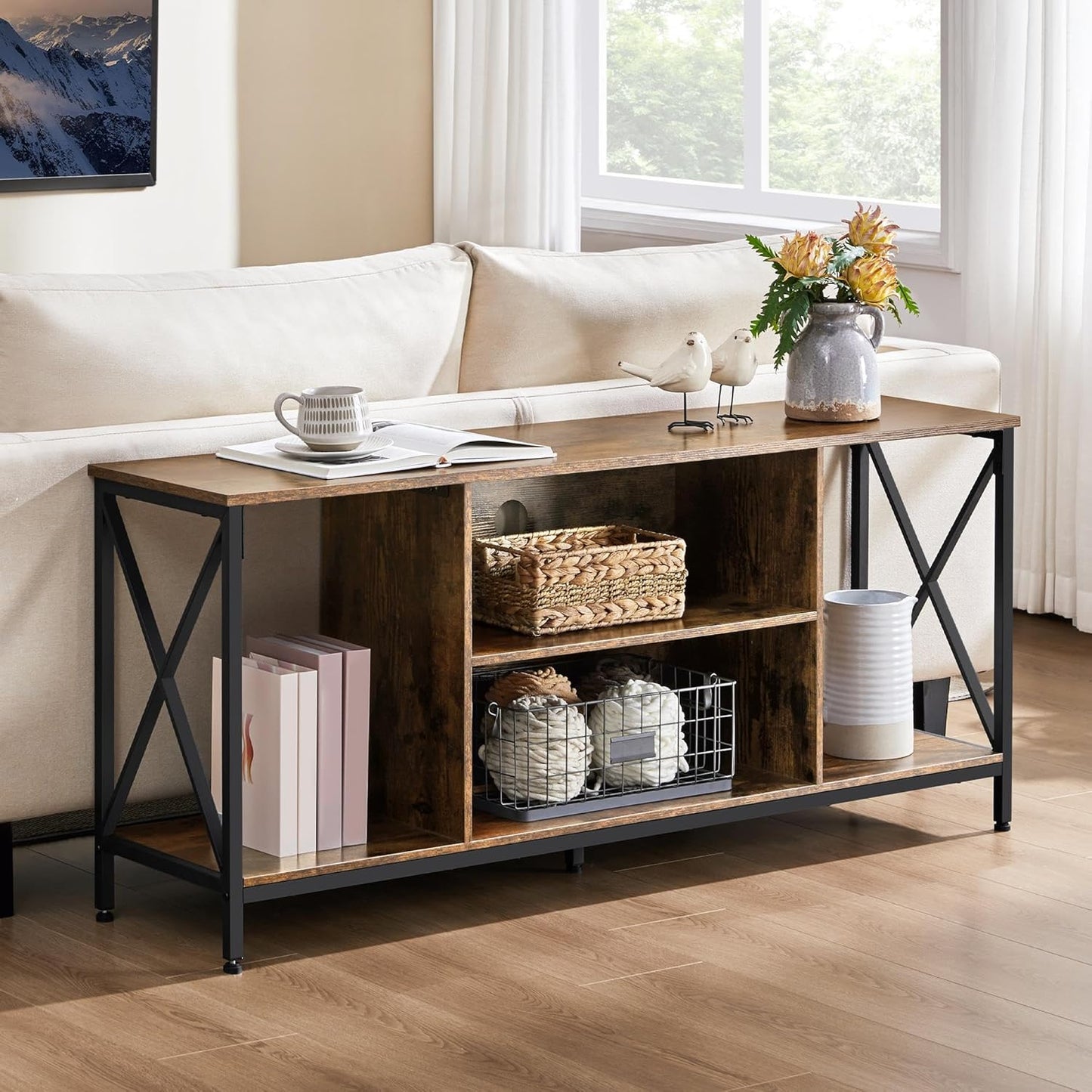 TV Stand for Tvs up to 65 Inches, Console Table with Shelves, Farmhouse Media Entertainment Center for Living Room, Rustic Brown