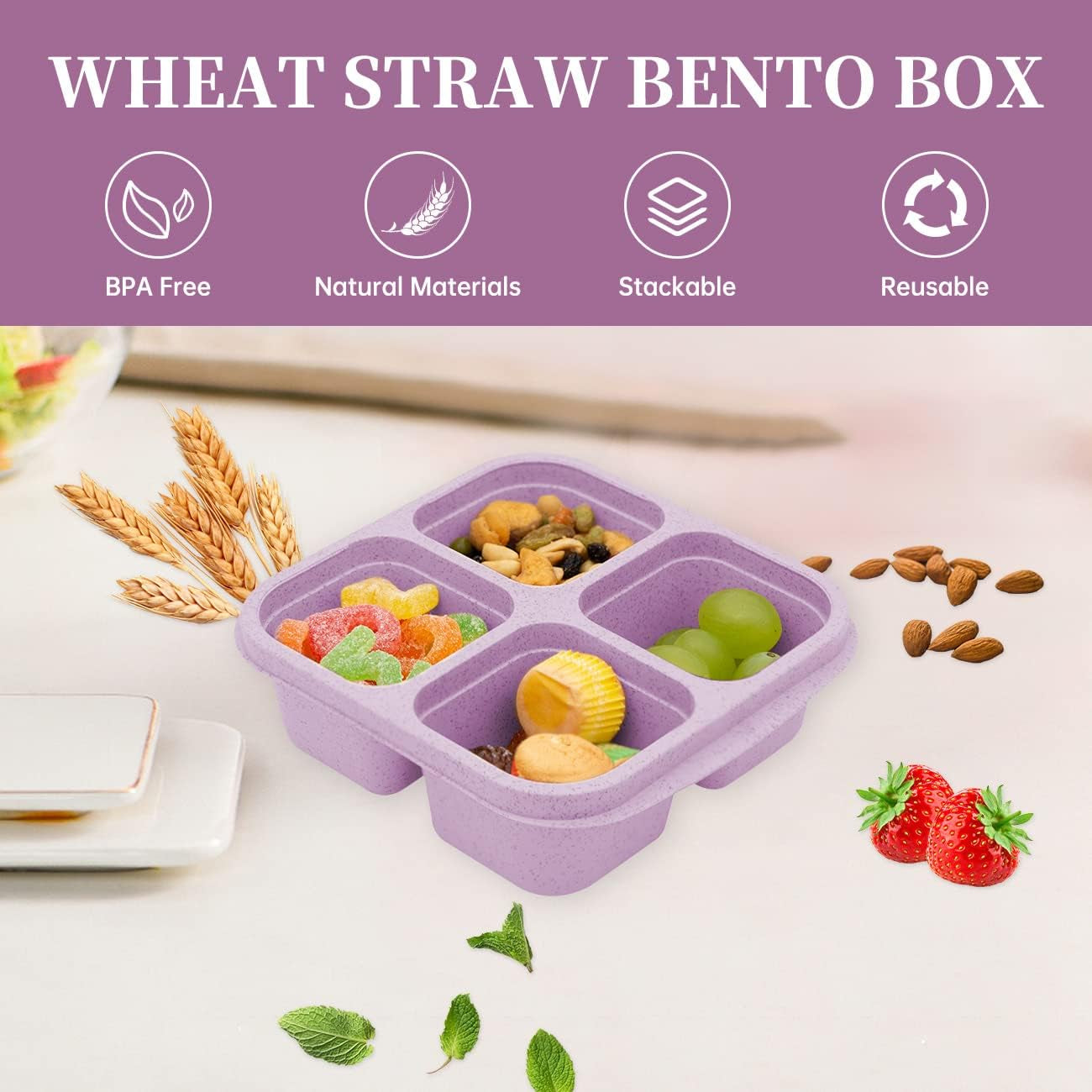 5 Pack Bento Lunch Box,4 Compartment Snack Containers,Divided Snack Box,Meal Prep Lunch Containers for Kids/Toddle/Adults,Food Storage Containers for School, Work and Travel