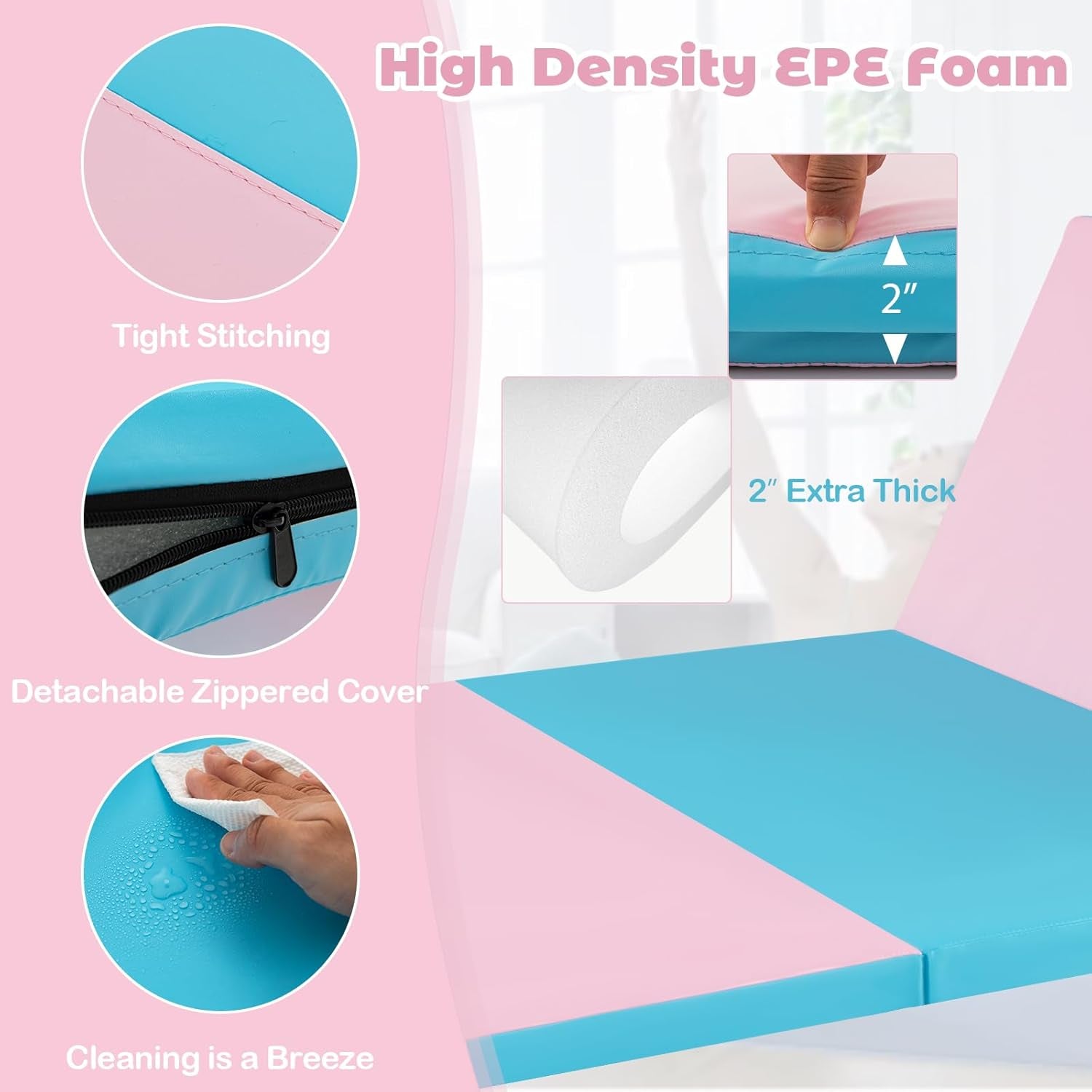 4'X8' Gymnastics Mat, 2" Thick Folding Tumbling Mat with Carrying Handles, Foldable Gym Mat with Hook and Loop Fastener, Cheer Mats for Kids Adults Home Exercise Aerobics Fitness