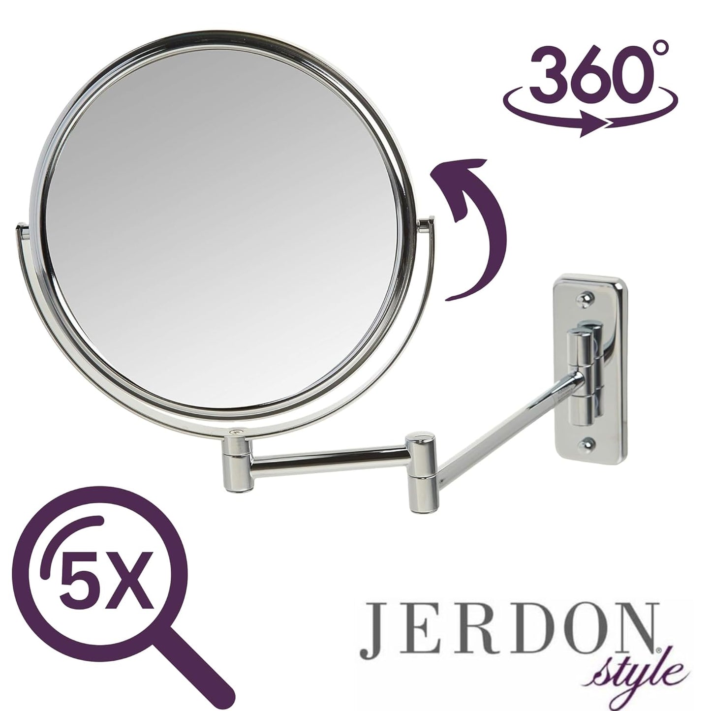 Two-Sided Wall-Mounted Makeup Mirror - Makeup Mirror with 5X Magnification & Wall-Mount Arm - 8-Inch Diameter Mirror with Chrome Finish Wall Mount - Model JP7506CF