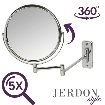 Two-Sided Wall-Mounted Makeup Mirror - Makeup Mirror with 5X Magnification & Wall-Mount Arm - 8-Inch Diameter Mirror with Chrome Finish Wall Mount - Model JP7506CF