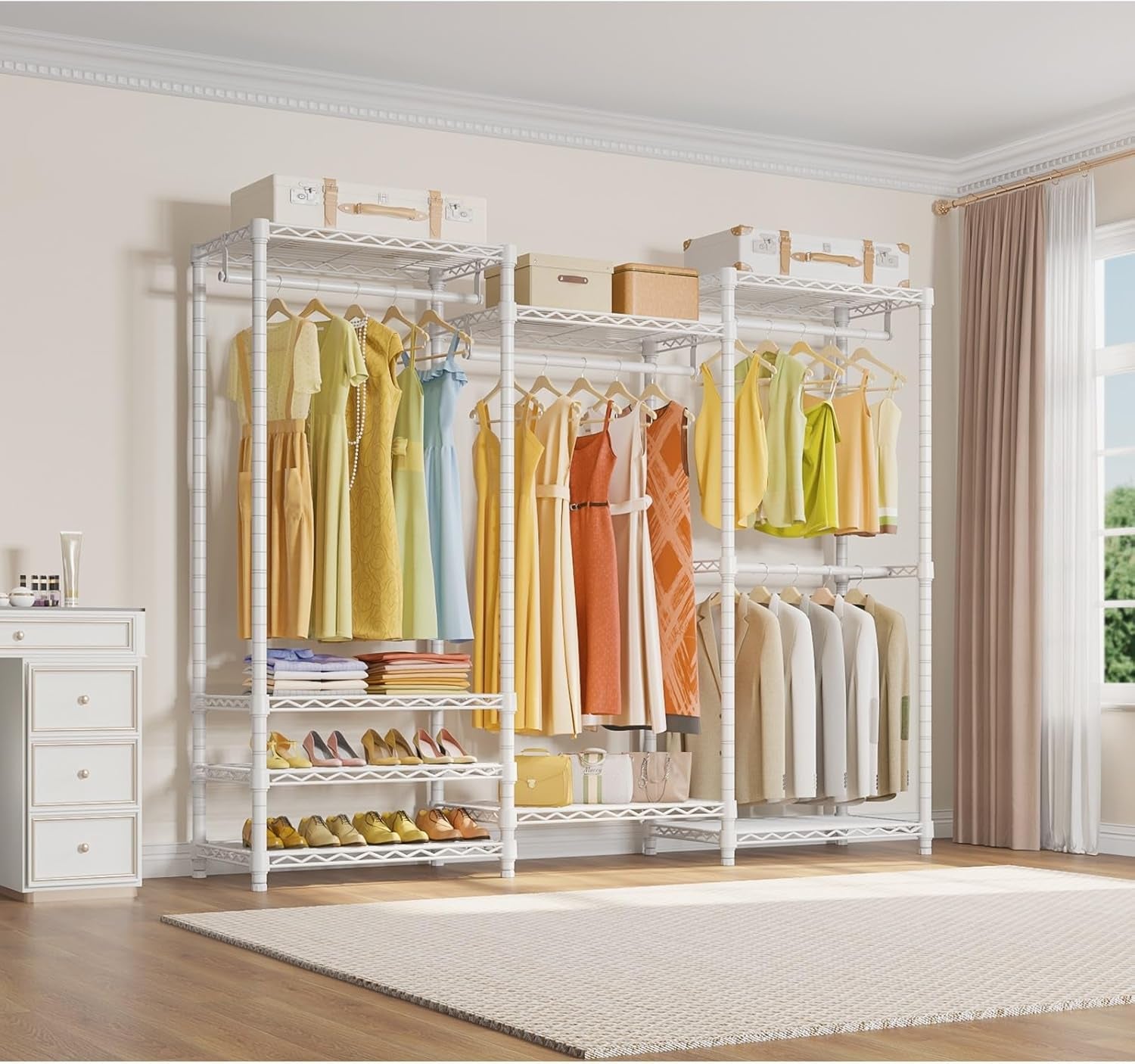 V5 Portable Closet Wardrobe Heavy Duty Clothes Rack, Freestanding Clothing Racks with 4 Hang Rods & 8 Shelves, Adjustable Custom Closet Racks, 68.9" L X 15.7" W X 76.4" H, Max Load 800LBS, White