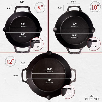 Cast Iron Skillet Set - 8"+10"+12"-Inch Dual Handle Frying Pans + Glass Lids + Silicone Handle Holder Covers - Pre-Seasoned Oven Safe Cookware - Indoor/Outdoor Use - Grill, Stovetop, Induction Safe