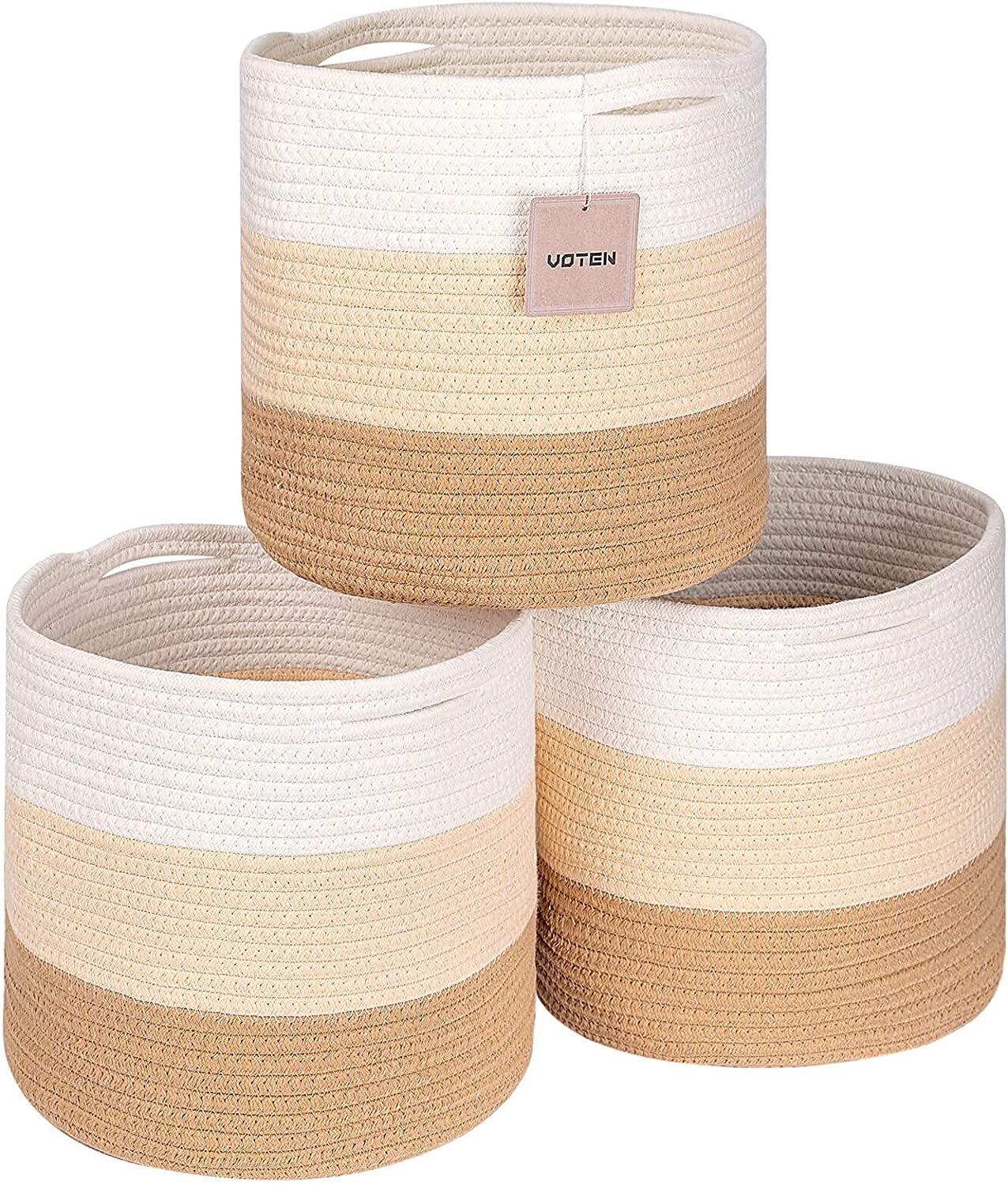 Woven Cotton Rope round 11X11X11'' Storage Cubes Baskets Bins Organizer, 3-Tone Gray, 3-Pack