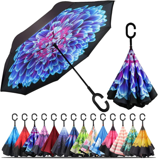Windproof Inverted Umbrella, Large Reverse Umbrellas for Rain with C-Shaped Handle Big Upside down inside Out Umbrella for Women & Men