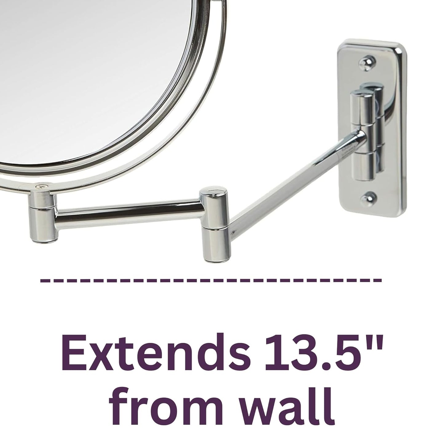 Two-Sided Wall-Mounted Makeup Mirror - Makeup Mirror with 5X Magnification & Wall-Mount Arm - 8-Inch Diameter Mirror with Chrome Finish Wall Mount - Model JP7506CF