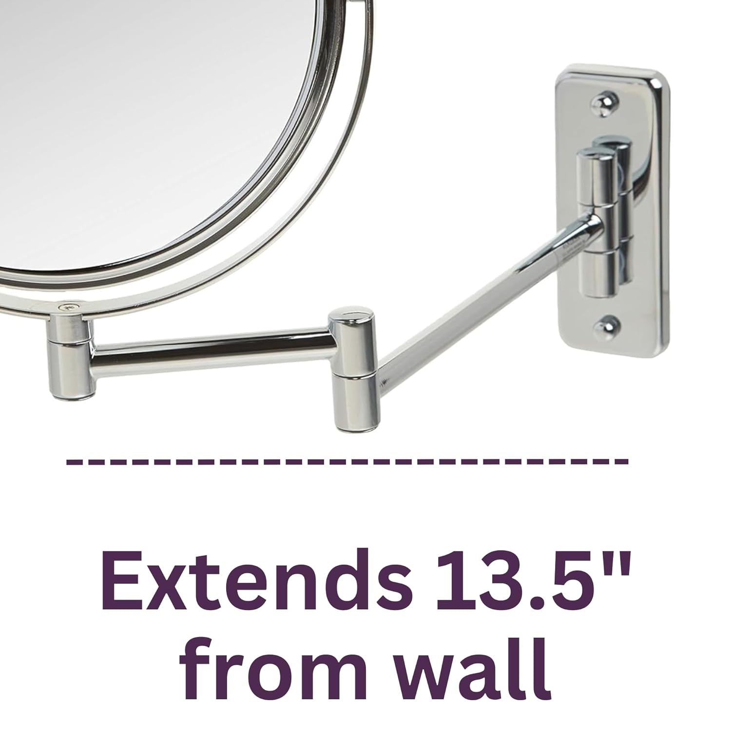 Two-Sided Wall-Mounted Makeup Mirror - Makeup Mirror with 5X Magnification & Wall-Mount Arm - 8-Inch Diameter Mirror with Chrome Finish Wall Mount - Model JP7506CF