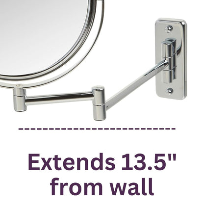 Two-Sided Wall-Mounted Makeup Mirror - Makeup Mirror with 5X Magnification & Wall-Mount Arm - 8-Inch Diameter Mirror with Chrome Finish Wall Mount - Model JP7506CF