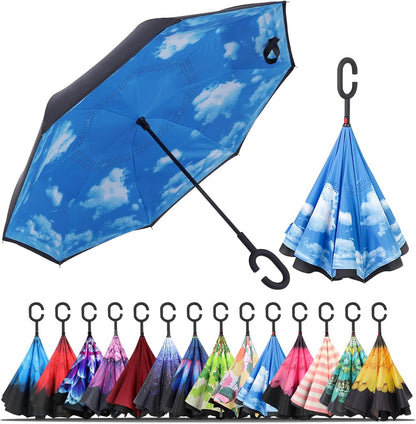 Windproof Inverted Umbrella, Large Reverse Umbrellas for Rain with C-Shaped Handle Big Upside down inside Out Umbrella for Women & Men