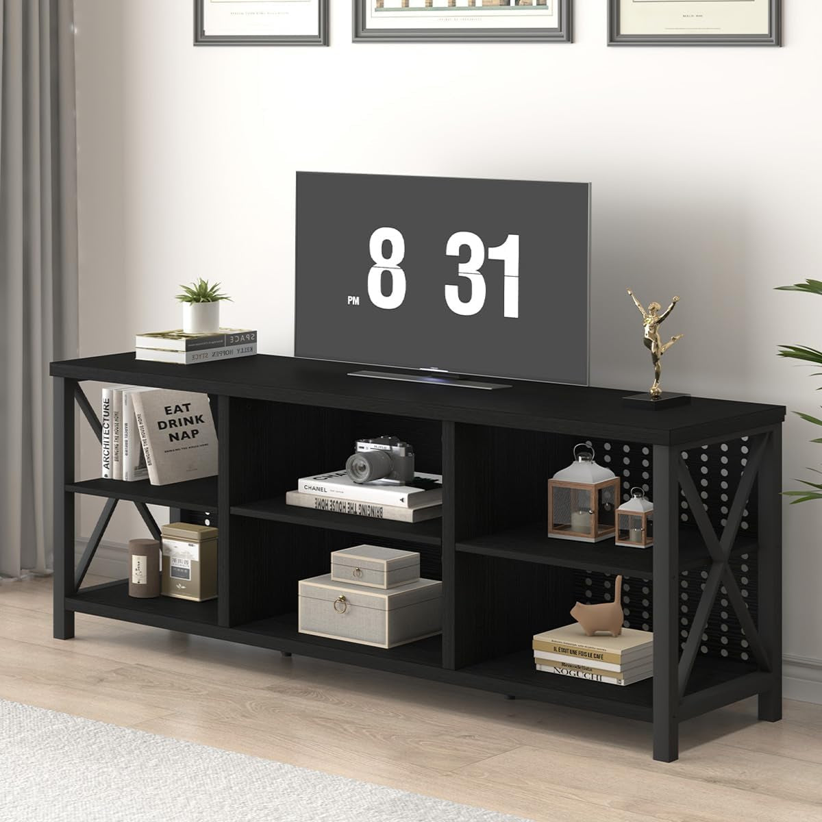 Rustic Entertainment Center for 65 Inch TV, Industrial Wood TV Stand with Media Cabinet Storage, Farmhouse Metal Television Stands Console Table for Home Living Bedroom, Light Grey Oak, 55 Inch