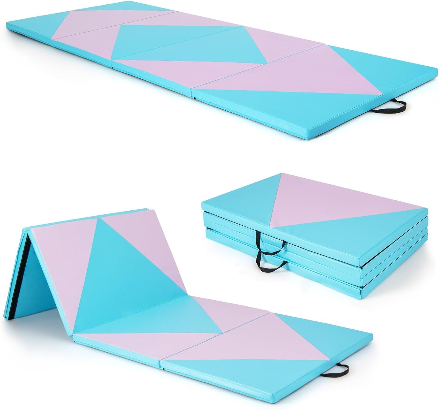 4'X10'X 2" Gymnastics Mat, 4-Panel Folding Aerobics Exercise Mat W/Hook & Loop Fastener, Carrying Handle, Portable Tumbling Mat for Stretching Yoga Cheerleading Martial Arts