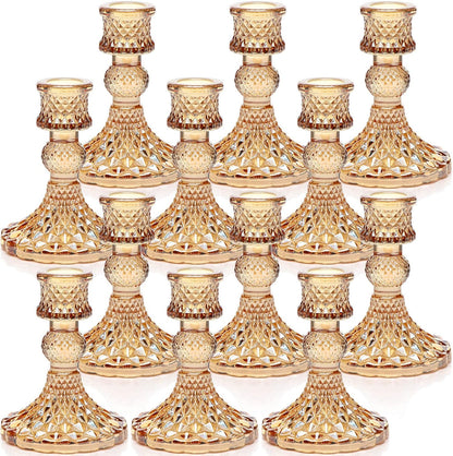 Candlestick Holders Set, 4" H Taper Candle Holders Bulk, 12Pcs Gold Glass Candle Holders for Wedding, Festival, Party & Windowsill Decor
