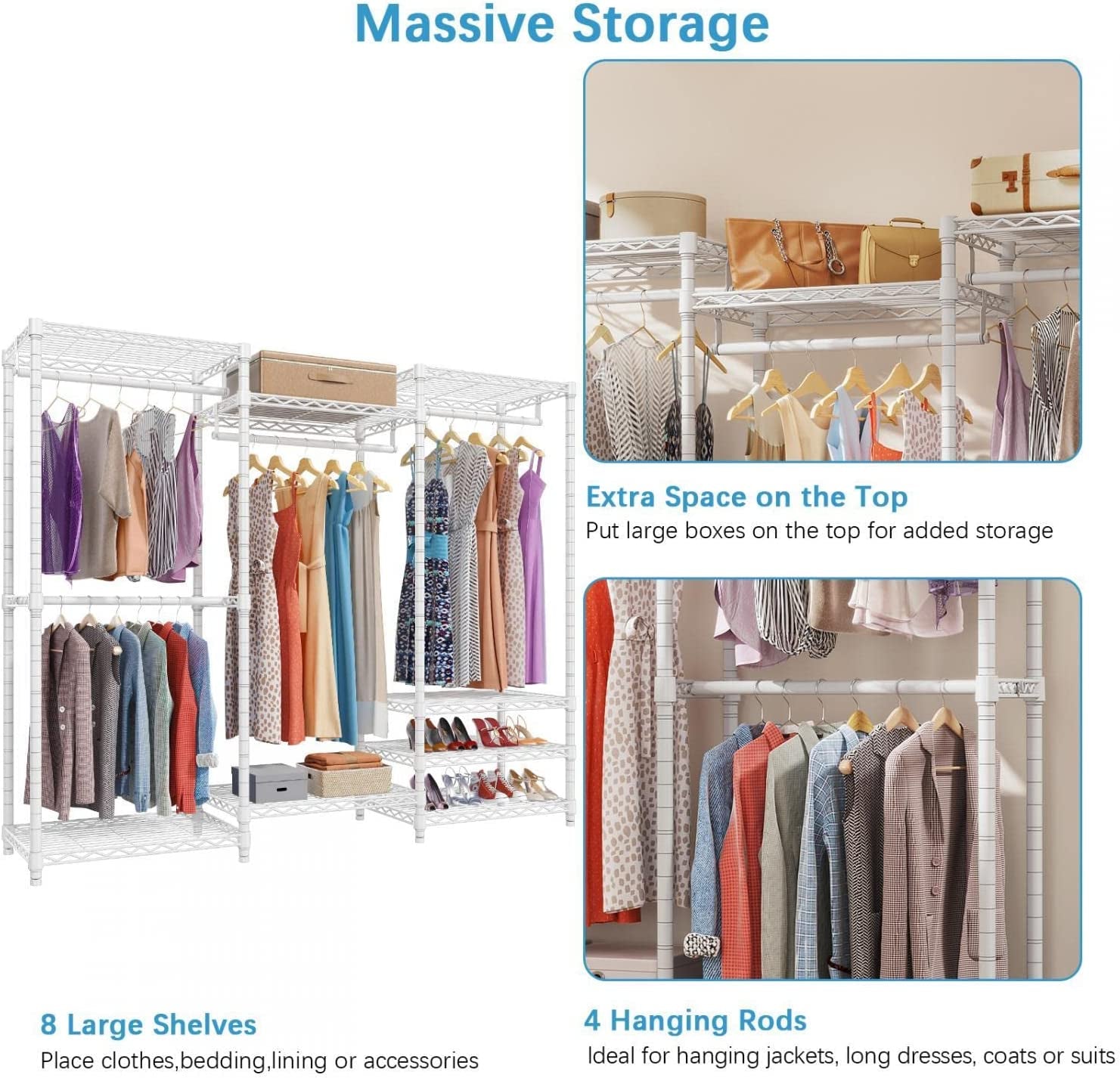 V5 Portable Closet Wardrobe Heavy Duty Clothes Rack, Freestanding Clothing Racks with 4 Hang Rods & 8 Shelves, Adjustable Custom Closet Racks, 68.9" L X 15.7" W X 76.4" H, Max Load 800LBS, White