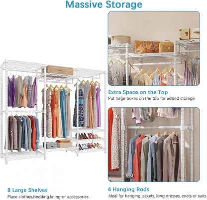 V5 Portable Closet Wardrobe Heavy Duty Clothes Rack, Freestanding Clothing Racks with 4 Hang Rods & 8 Shelves, Adjustable Custom Closet Racks, 68.9" L X 15.7" W X 76.4" H, Max Load 800LBS, White