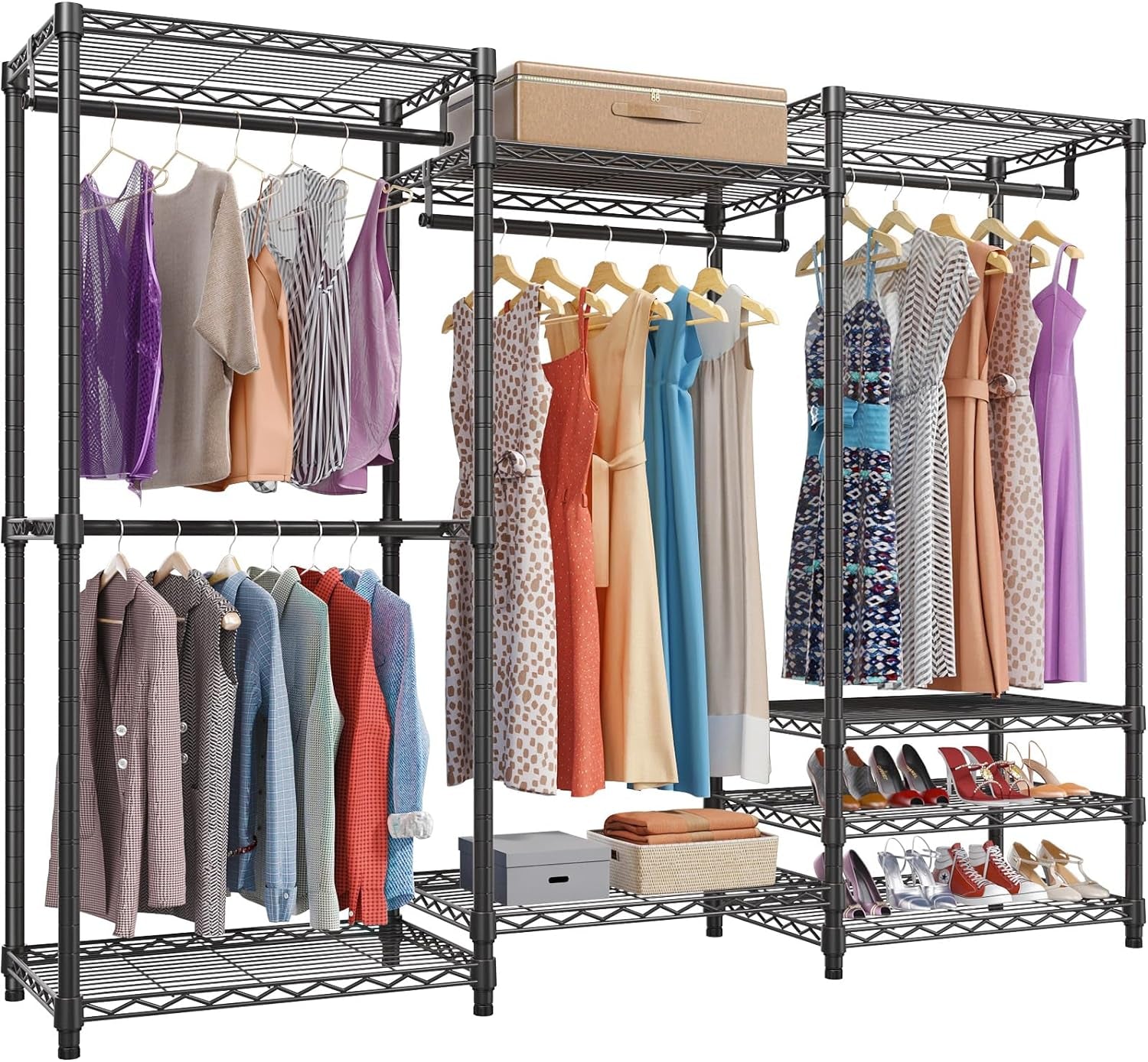 V5 Portable Closet Wardrobe Heavy Duty Clothes Rack, Freestanding Clothing Racks with 4 Hang Rods & 8 Shelves, Adjustable Custom Closet Racks, 68.9" L X 15.7" W X 76.4" H, Max Load 800LBS, White