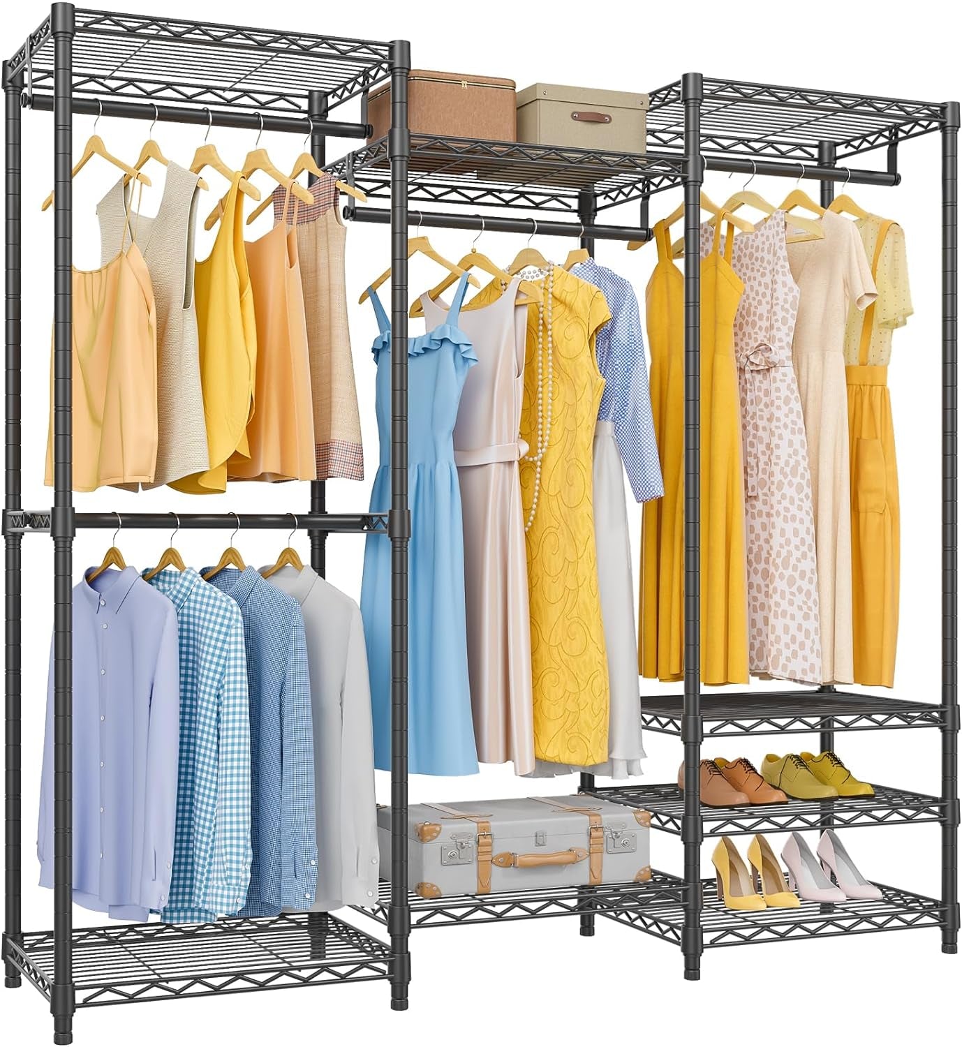 V5 Portable Closet Wardrobe Heavy Duty Clothes Rack, Freestanding Clothing Racks with 4 Hang Rods & 8 Shelves, Adjustable Custom Closet Racks, 68.9" L X 15.7" W X 76.4" H, Max Load 800LBS, White