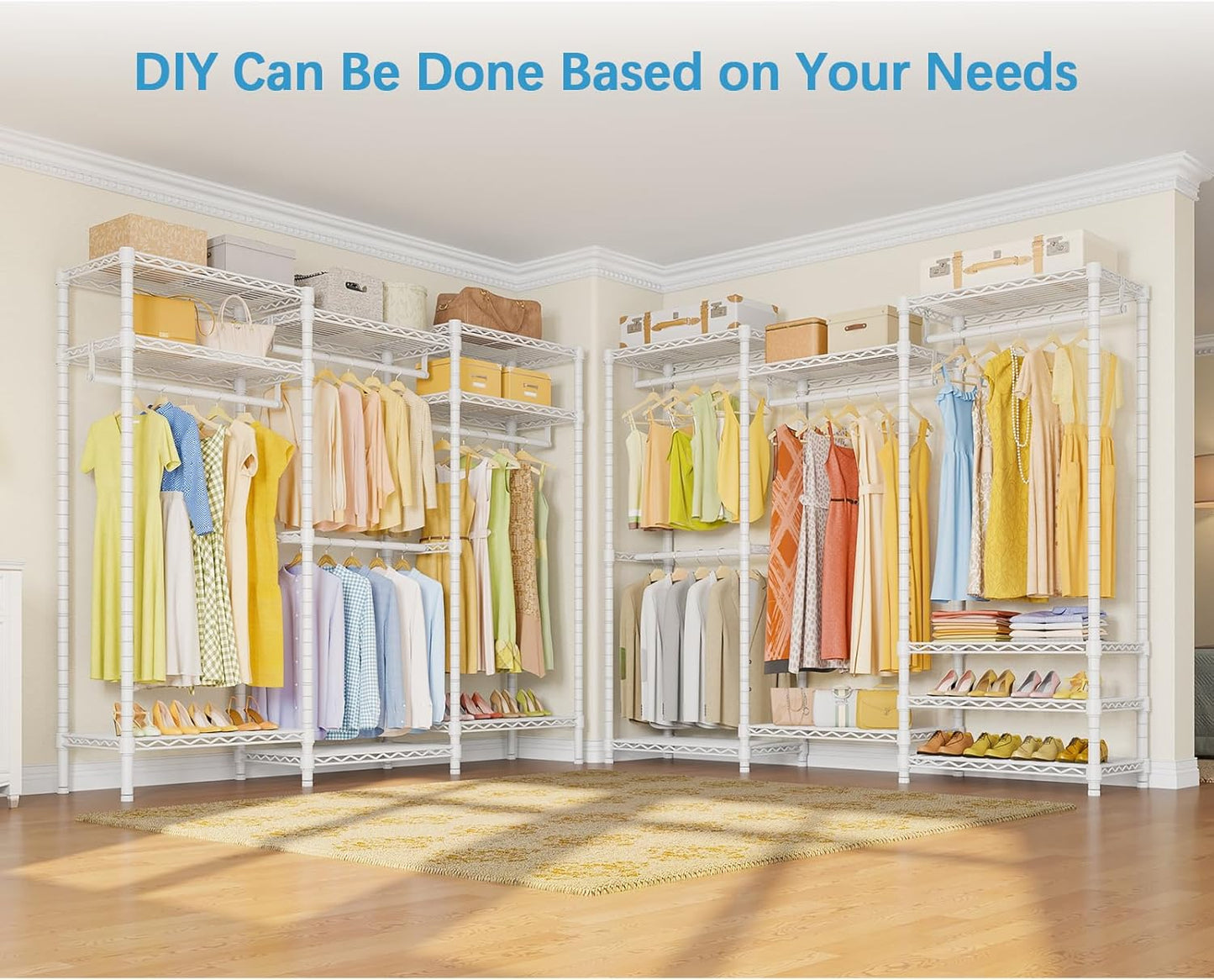V5 Portable Closet Wardrobe Heavy Duty Clothes Rack, Freestanding Clothing Racks with 4 Hang Rods & 8 Shelves, Adjustable Custom Closet Racks, 68.9" L X 15.7" W X 76.4" H, Max Load 800LBS, White