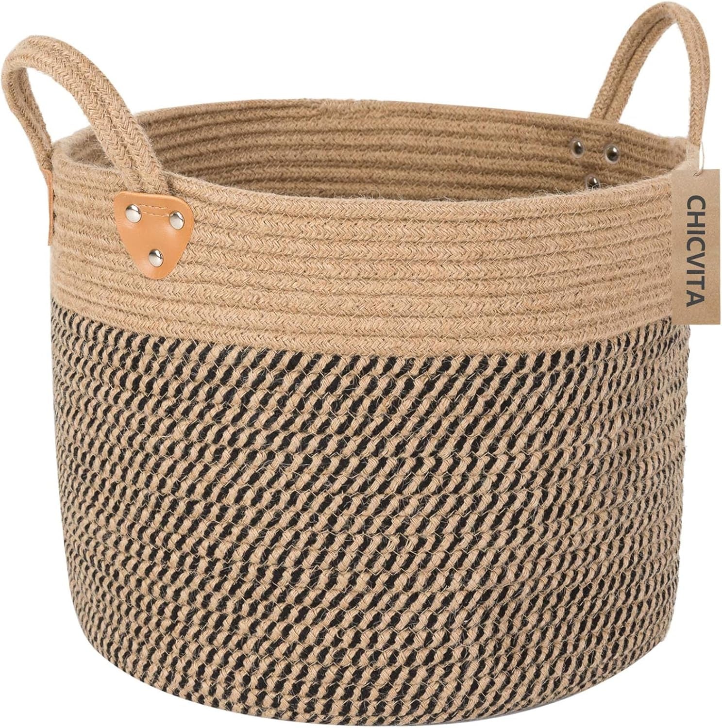 Extra Large Jute Woven Storage Basket with Handles – Laundry Basket Toy Towels Blanket Basket Home Decor Gift, 16" X 16", Black