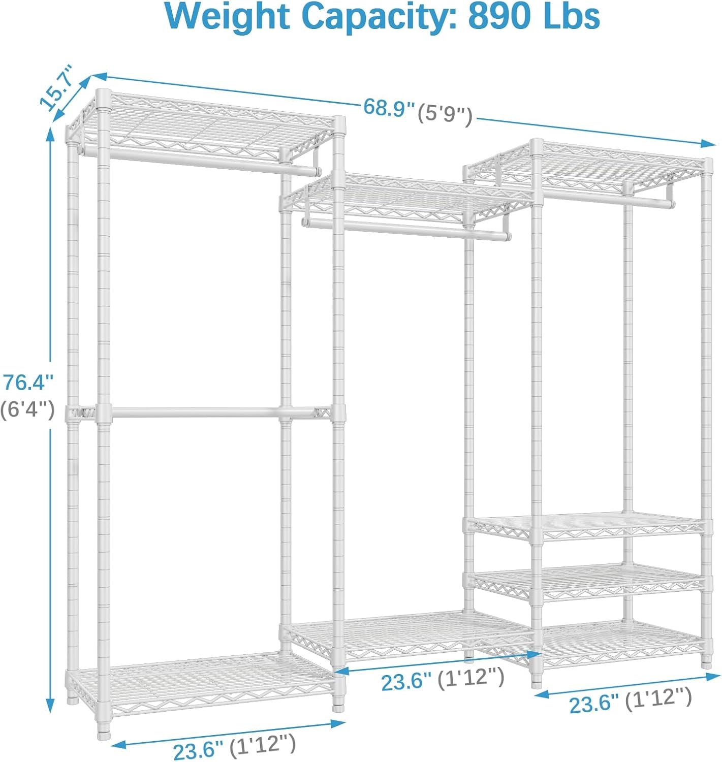 V5 Portable Closet Wardrobe Heavy Duty Clothes Rack, Freestanding Clothing Racks with 4 Hang Rods & 8 Shelves, Adjustable Custom Closet Racks, 68.9" L X 15.7" W X 76.4" H, Max Load 800LBS, White