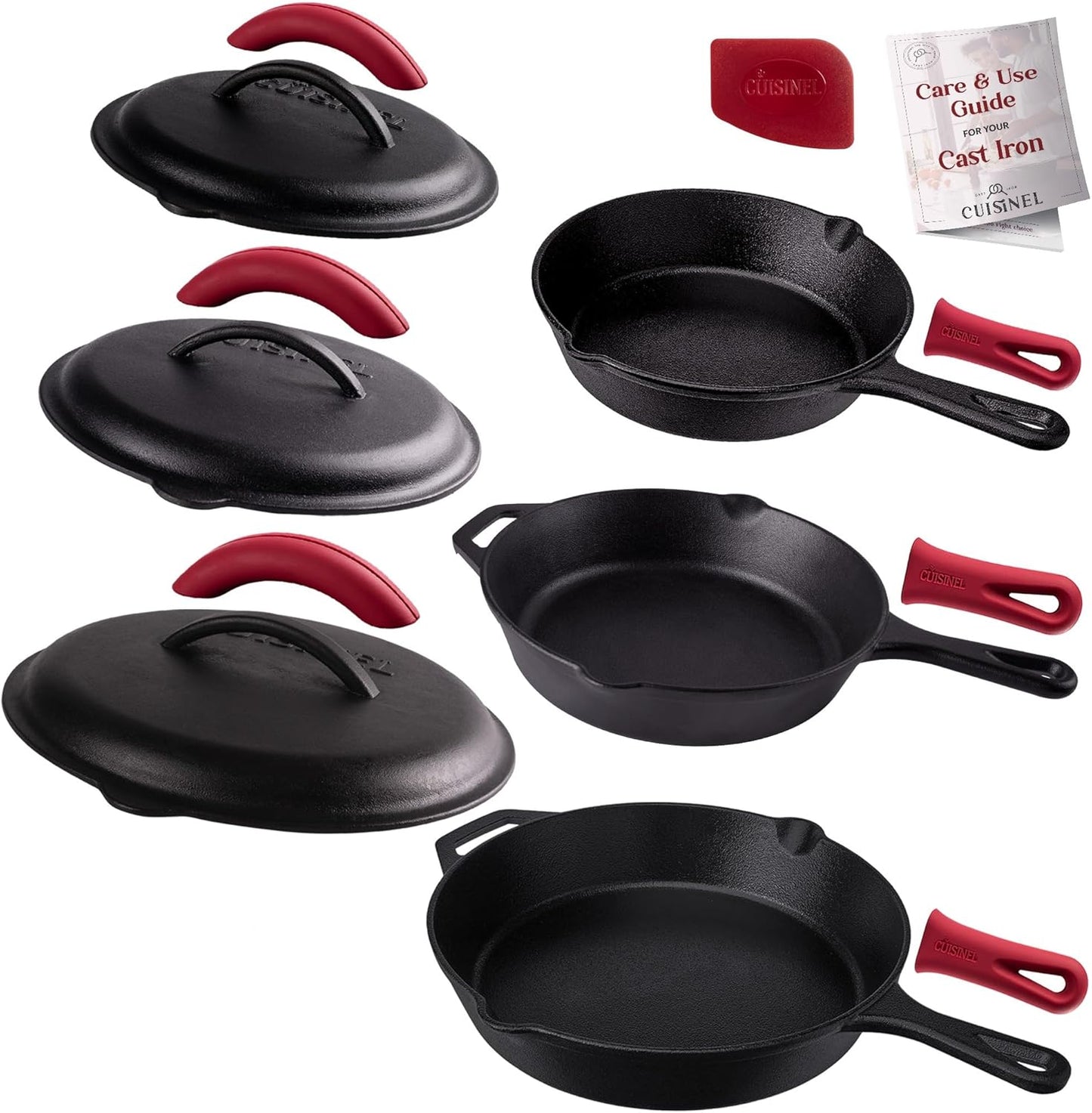 Cast Iron Skillet Set - 8"+10"+12"-Inch Dual Handle Frying Pans + Glass Lids + Silicone Handle Holder Covers - Pre-Seasoned Oven Safe Cookware - Indoor/Outdoor Use - Grill, Stovetop, Induction Safe