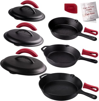Cast Iron Skillet Set - 8"+10"+12"-Inch Dual Handle Frying Pans + Glass Lids + Silicone Handle Holder Covers - Pre-Seasoned Oven Safe Cookware - Indoor/Outdoor Use - Grill, Stovetop, Induction Safe