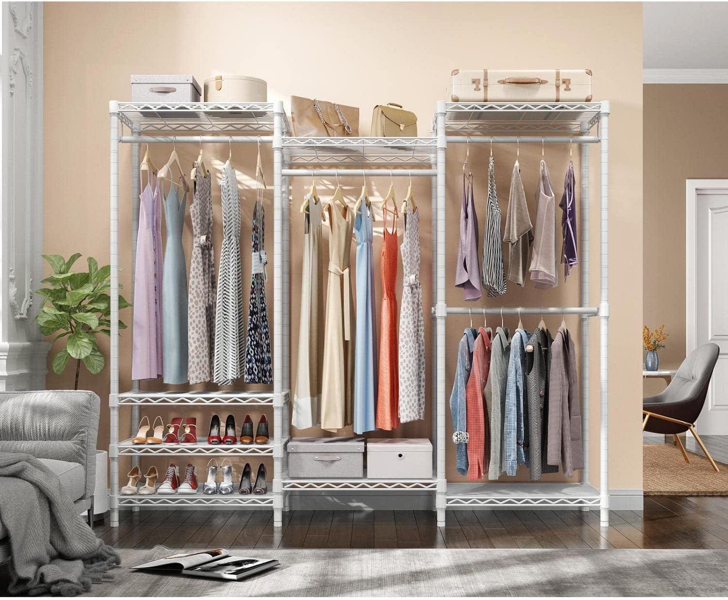 V5 Portable Closet Wardrobe Heavy Duty Clothes Rack, Freestanding Clothing Racks with 4 Hang Rods & 8 Shelves, Adjustable Custom Closet Racks, 68.9" L X 15.7" W X 76.4" H, Max Load 800LBS, White