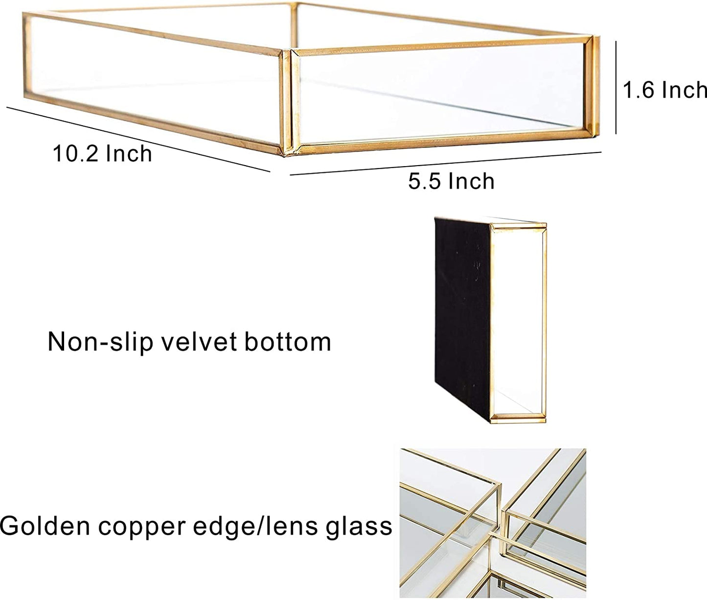 Clear Trays for Organizing,Gold Mirror Tray for Room Decor,Exquisite Perfume Tray,Makeup,Jewelry,Vanity,Dresser Top Perfume Organizer,Clear Rectangle Container and Storage Organizer for Bathroom