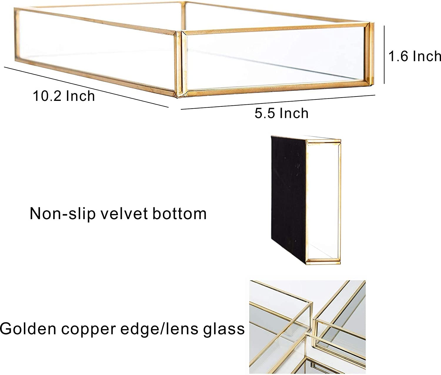 Clear Trays for Organizing,Gold Mirror Tray for Room Decor,Exquisite Perfume Tray,Makeup,Jewelry,Vanity,Dresser Top Perfume Organizer,Clear Rectangle Container and Storage Organizer for Bathroom