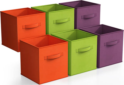 Storage Cubes - 11" Foldable Storage Bins with Handle for Nursery, Playroom, Closet Organizers and Storage - 6 Fabric Shelf Basket for Toys, Books, Clothes - Yellow Navy & Red Storage Bins