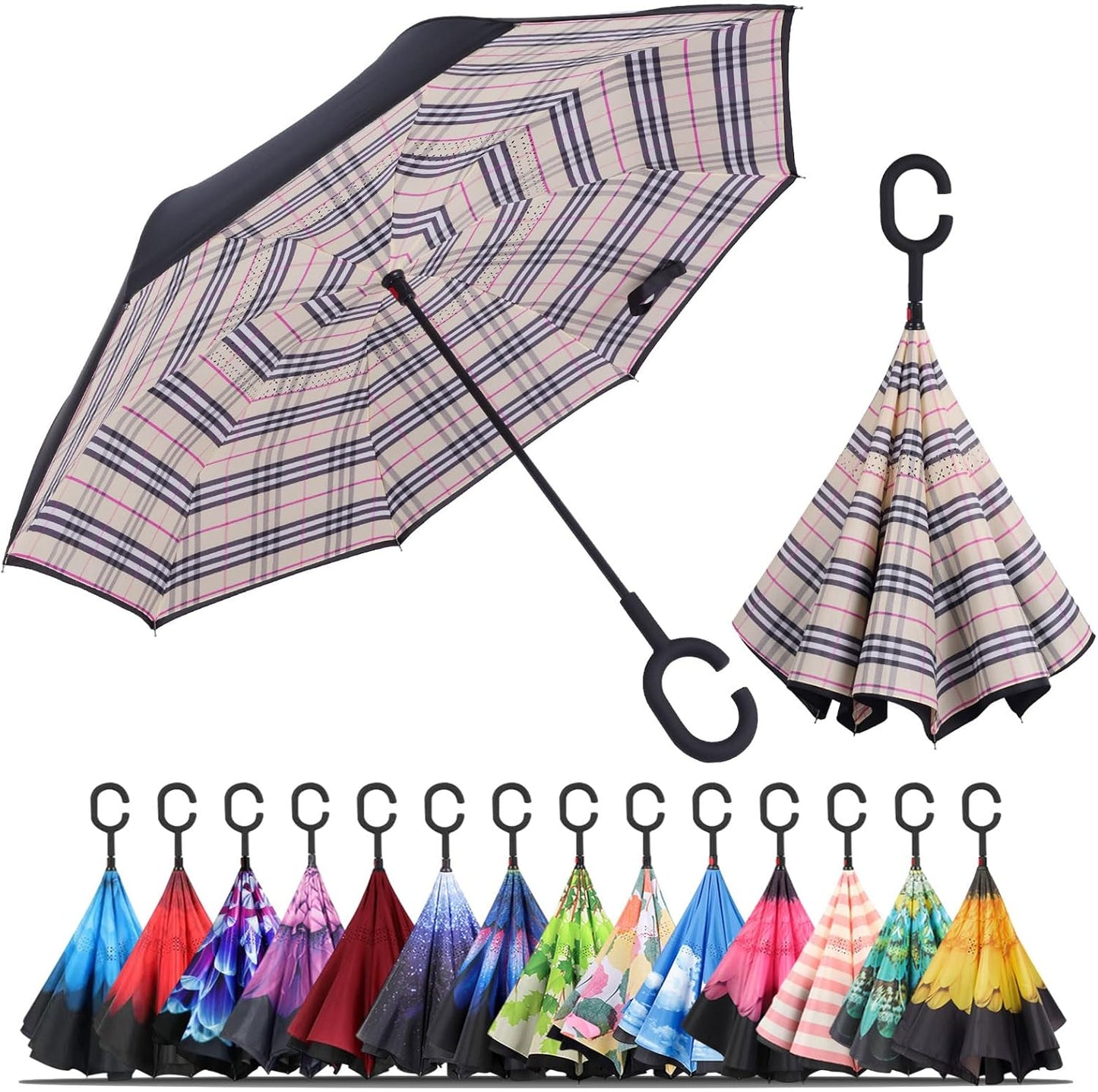 Windproof Inverted Umbrella, Large Reverse Umbrellas for Rain with C-Shaped Handle Big Upside down inside Out Umbrella for Women & Men
