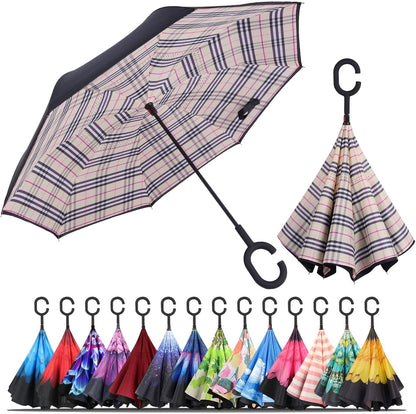 Windproof Inverted Umbrella, Large Reverse Umbrellas for Rain with C-Shaped Handle Big Upside down inside Out Umbrella for Women & Men