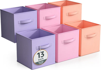 Storage Cubes - 11" Foldable Storage Bins with Handle for Nursery, Playroom, Closet Organizers and Storage - 6 Fabric Shelf Basket for Toys, Books, Clothes - Yellow Navy & Red Storage Bins