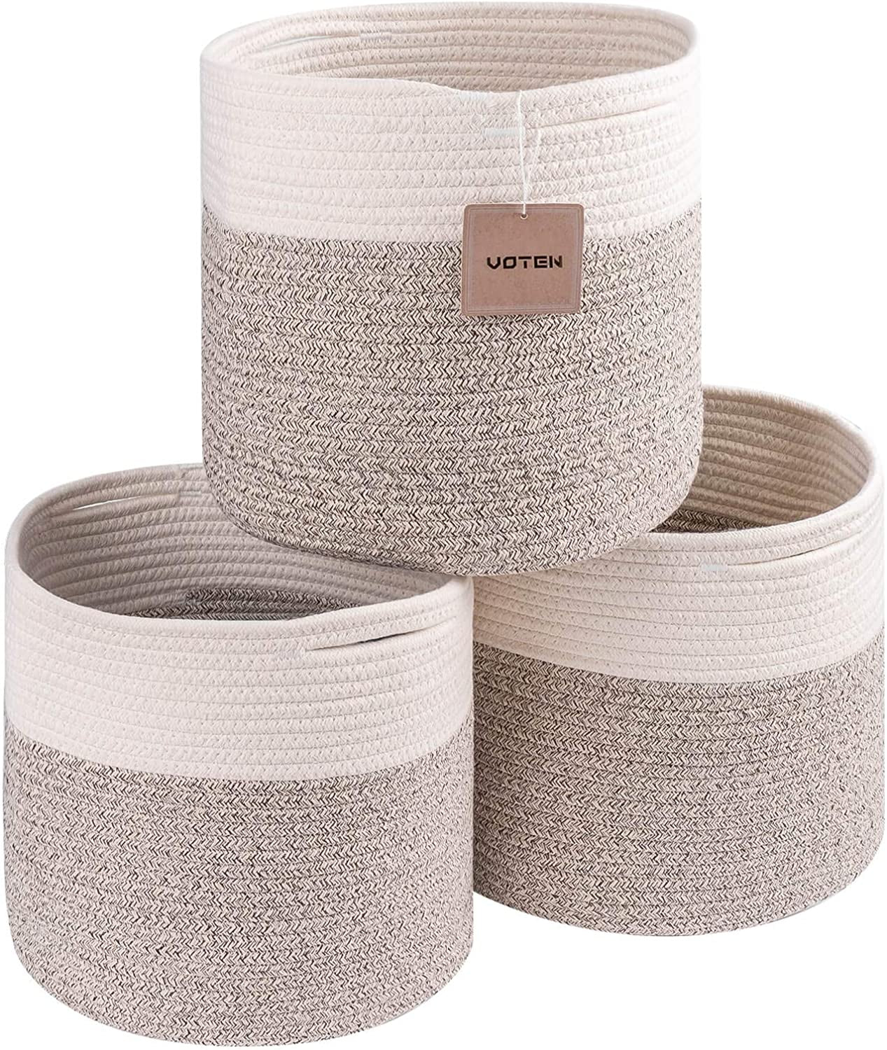 Woven Cotton Rope round 11X11X11'' Storage Cubes Baskets Bins Organizer, 3-Tone Gray, 3-Pack