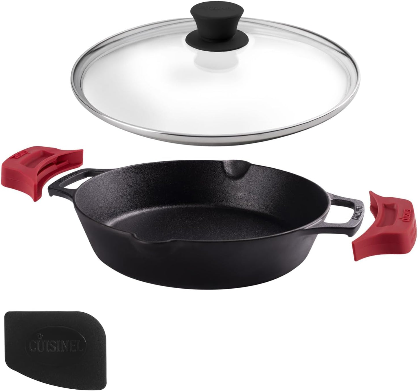 Cast Iron Skillet Set - 8"+10"+12"-Inch Dual Handle Frying Pans + Glass Lids + Silicone Handle Holder Covers - Pre-Seasoned Oven Safe Cookware - Indoor/Outdoor Use - Grill, Stovetop, Induction Safe