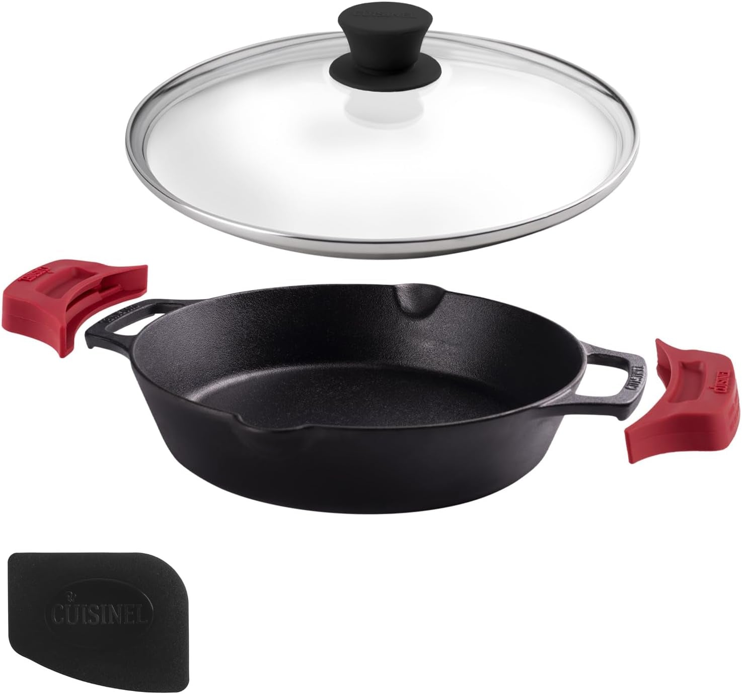 Cast Iron Skillet Set - 8"+10"+12"-Inch Dual Handle Frying Pans + Glass Lids + Silicone Handle Holder Covers - Pre-Seasoned Oven Safe Cookware - Indoor/Outdoor Use - Grill, Stovetop, Induction Safe