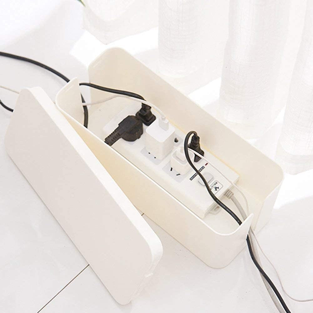 Cable Management Box Organizer, Pack of 2 Wire Concealer to Cover Hide Surge Protector & Power Strip on Desk Floor, with 5 Cord Fastening Tapes for Office, Home, Kitchen (Ice White)