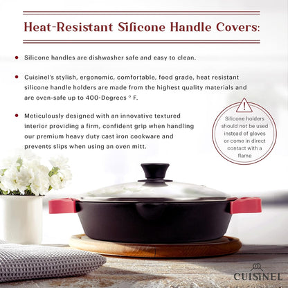 Cast Iron Skillet Set - 8"+10"+12"-Inch Dual Handle Frying Pans + Glass Lids + Silicone Handle Holder Covers - Pre-Seasoned Oven Safe Cookware - Indoor/Outdoor Use - Grill, Stovetop, Induction Safe