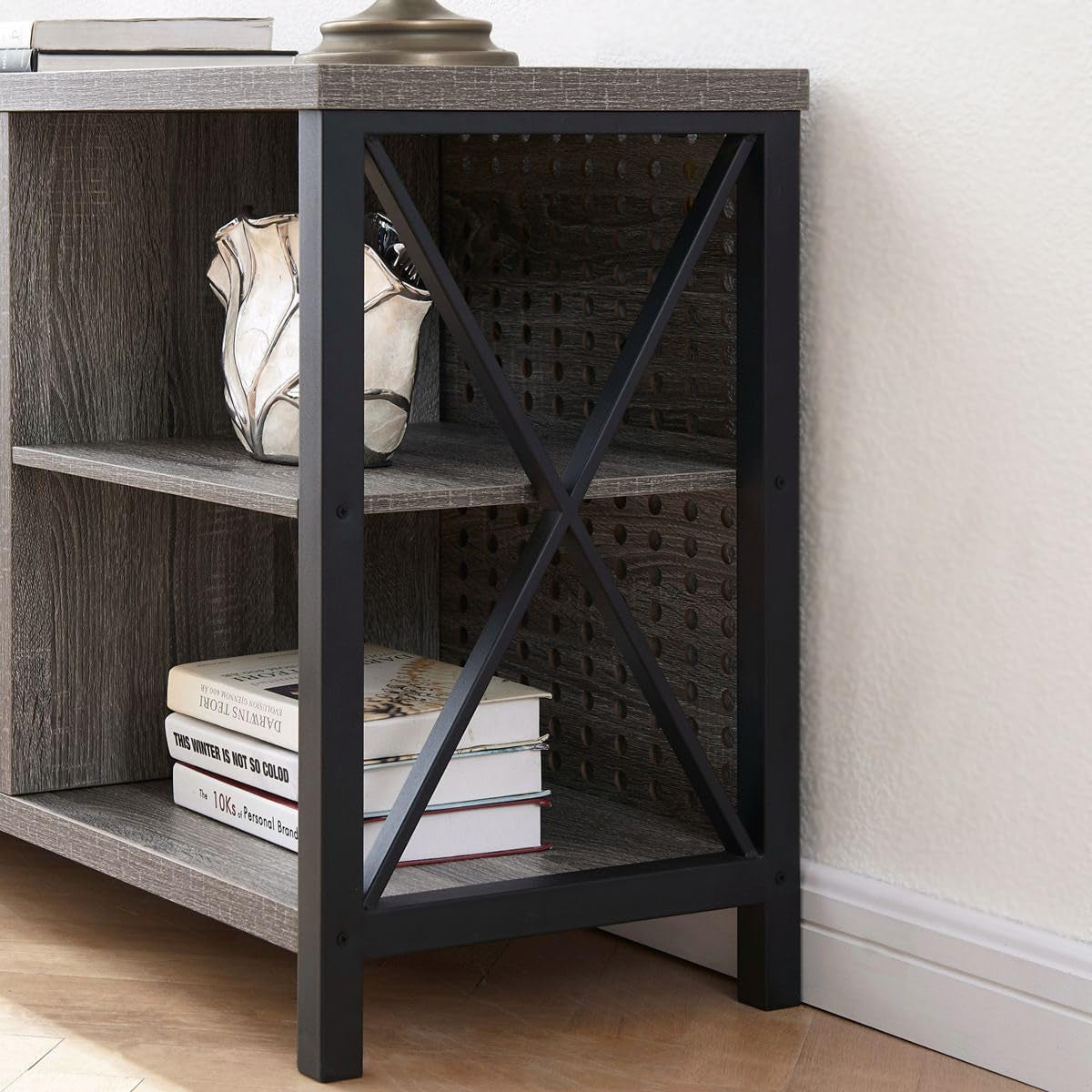 Rustic Entertainment Center for 65 Inch TV, Industrial Wood TV Stand with Media Cabinet Storage, Farmhouse Metal Television Stands Console Table for Home Living Bedroom, Light Grey Oak, 55 Inch
